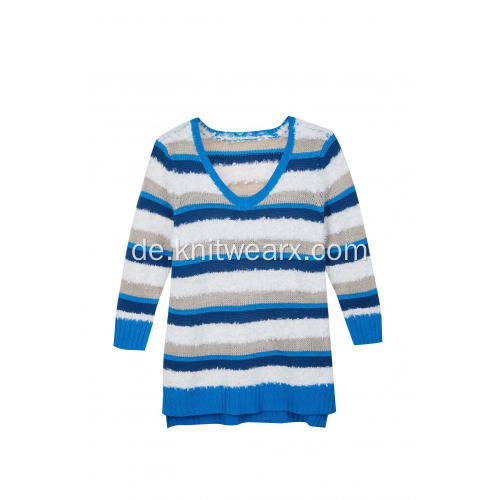 Damen Strickpullover mit Farbblockstreifen und V-Ausschnitt